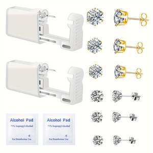 Disposable Self Ear Piercing Kit With Brass Cubic Zirconia Stud Earrings Stainless Steel Piercing Tool And Alcohol Pads Set