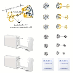 Detail view of ear piercing kit with 14k gold plated studs, piercers, and alcohol pads