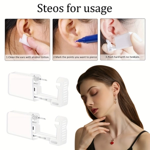 Three-step guide for disposable ear piercing gun set with silver studs and wipes