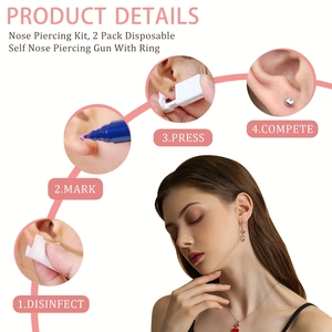 Disposable nose piercing kit 2-pack with zircon studs and step-by-step usage instructions
