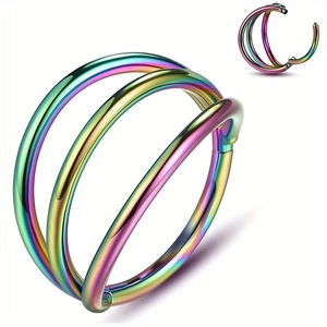 Triple layer rainbow stainless steel hinged clicker ring for nose or ear piercings