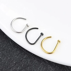 Set of three D-shaped nose rings in silver, gold, and black polished stainless steel