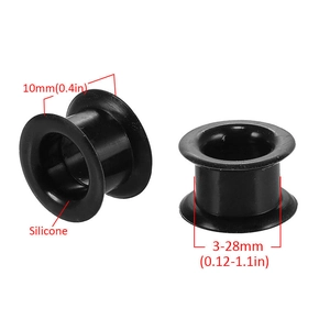 Detail view of 10mm thick black silicone ear gauges tunnels with 3mm to 28mm sizes