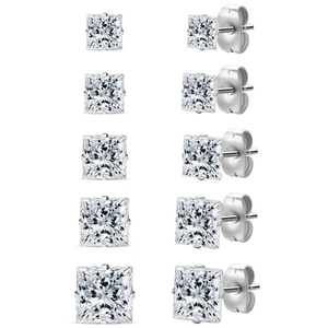 Detail of 5 pairs of square princess cut cubic zirconia stud earrings in varied sizes