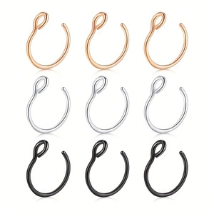 Lot de 9 anneaux de nez en acier inoxydable noir, argent et or rose au fini poli brillant