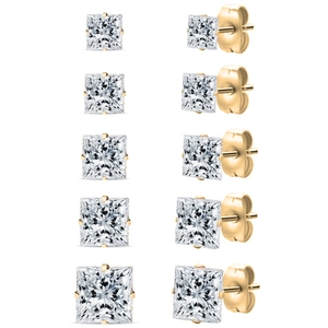 Set of five gold-plated square cubic zirconia stud earrings in varying sizes with 4-prong setting