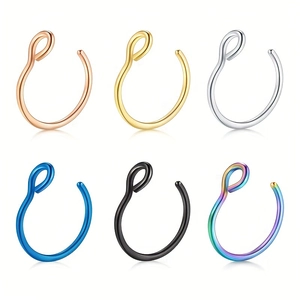 Lot de 6 anneaux de nez colorés en acier inoxydable en or, argent, noir et couleurs arc-en-ciel