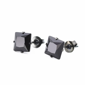 Detail view of black square-cut cubic zirconia earrings with 4-claw stainless steel setting