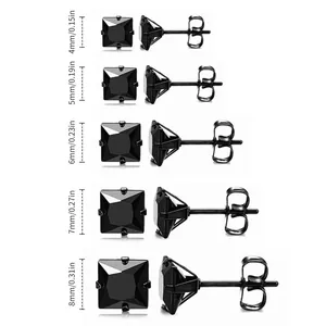 5-pack stainless steel square black zircon stud earrings set size chart from 4mm to 8mm