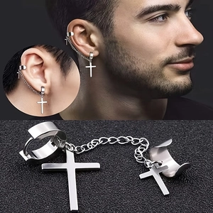 Unisex stainless steel cross pendant earring set with link chain and ear cuff