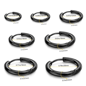 Classic black stainless steel hoop earrings in 7 sizes from 8mm to 20mm with 2.5mm width