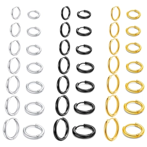 Stainless steel hoop earrings set in silver black and gold with multiple sizes