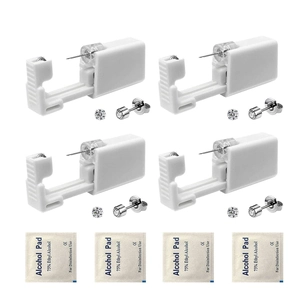 Detailed set of four disposable ear piercing tools with cubic zirconia studs and alcohol pads