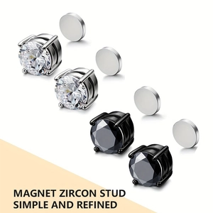 Detail of magnetic zircon stud earrings in silver and black with 4-prong setting
