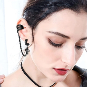 Detailansicht eines schwarzen Punk-Ohrrings aus Edelstahl mit Kreuzanhänger am Ohr