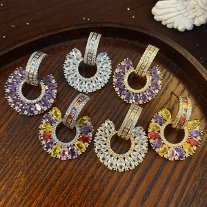 Luxury Copper Zircon C Shape Hoop Earrings With 925 Sterling Silver Earring Post Colorful Purple Gold Jewelry For Women