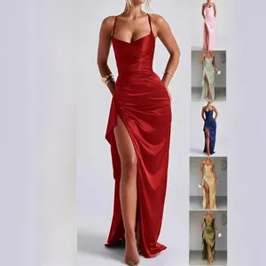 Detailed color palette showing satin split dresses in red, white, blue and more