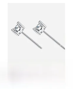 Macro detail of S925 sterling silver square stud earrings with high-clarity zircon stone