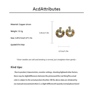Detailed size chart of C-shape zircon earrings with brass base and multi-color marquise stones