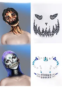 Detail view of black flame and blue skull rhinestone face gems for Halloween makeup