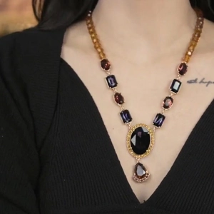 Vintage water drop pendant necklace with multi-color gemstones on gold metal chain