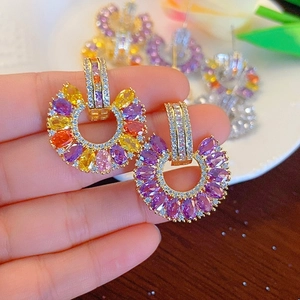 Exquisite C-shaped hoop earrings with colorful marquise gemstones and cubic zirconia crystals