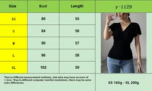 Detailed size guide table for women's slim fit V-neck short sleeve top in black