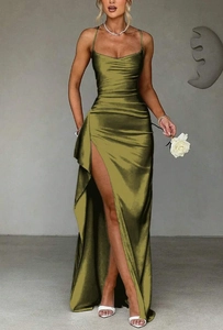 Detailed close-up of olive green satin evening dress featuring a high side slit and drapes