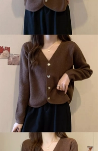 Detail showing the brown knit cardigan texture and round buttons with V-neckline style