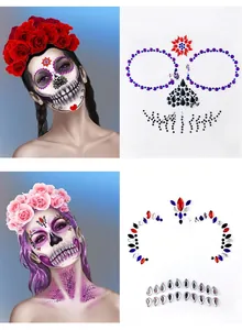 Detail view of H5 and H6 Halloween facial crystal stickers with skull and floral motifs