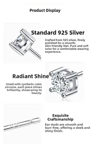 Detailed views of S925 sterling silver square stud earrings with cubic zirconia stones