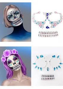 Detail view of H7 and H8 Halloween rhinestone face stickers with blue and pink gems