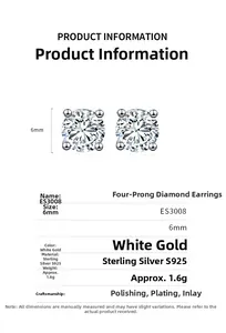 Detailed specs of 6mm S925 sterling silver four-prong stud earrings with clear stones