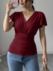 Slim fit wine red V-neck T-shirt with ruffle sleeves and stylish ruched bodice design