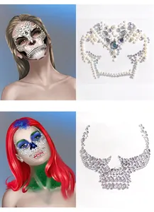 Detail of H11 white pearl and H12 clear rhinestone Halloween skull face jewel stickers