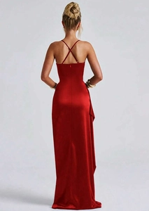 Detail of elegant cross back straps on a deep red satin evening dress for women