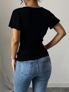 Slim fit black short sleeve T-shirt for women with side ruched detail and crew neck