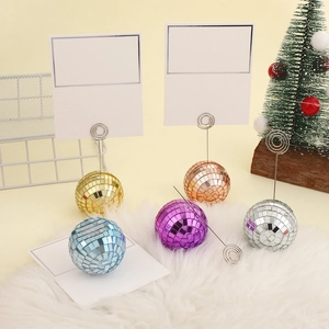Retro Mirror Disco Ball Place Card Holder Glass Mosaic Memo Photo Clip Stand Wedding Party Tabletop Decorations Home Office Ornament