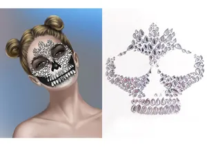 Detail view of Halloween skull face rhinestones with iridescent gems and model demo
