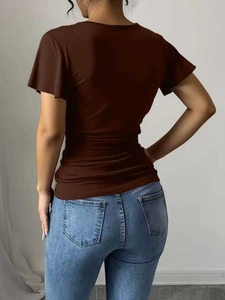 Rear view of slim-fit dark brown short sleeve t-shirt showing fabric texture and cut
