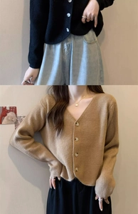 Detail showing V-neck knit cardigans in black and camel color with vertical rib texture
