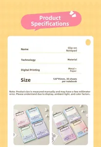 Detailed specifications for the A6 pocket clipboard notepad with cartoon moon pony theme