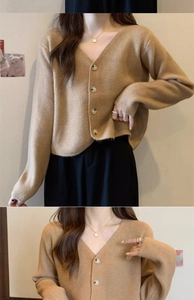 Detail of soft camel V-neck knit cardigan showing the ribbed cuffs and button closure