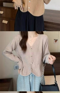 Detailed view of beige ribbed knit texture and button closure on V-neck cardigan