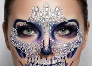 Detail view of H13 face art rhinestones with teardrop gems and black branding card