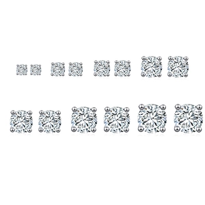 Set of 7 pairs S925 sterling silver stud earrings with round cubic zirconia in 4-claw setting