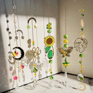 Hanging crystal suncatcher with gold moon and sunflower pendants for garden window decor