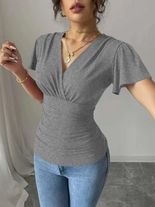 Close-up of ruched waist detail and V-neckline on this slim fit dark grey women's t-shirt