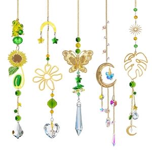 Golden suncatcher set with crystal prisms, moon, and butterfly for window garden decor
