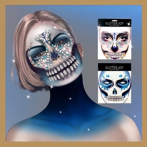 Halloween face jewel stickers with sparkling skull design for party makeup decoration